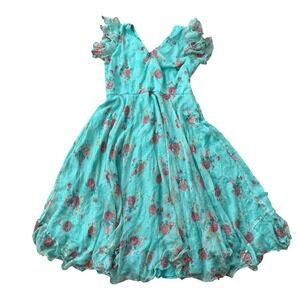 Vintage 90s Y2K Mint Floral Chiffon Dress Ruffle Sleeve Formal Midi